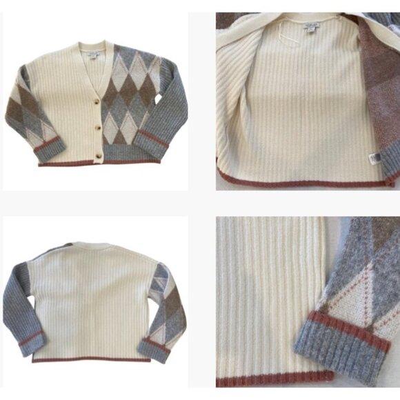 Vintage style Womens Argyle oversized crop Cardigan Sweater V-Neck Button-Up XS - Picture 6 of 16